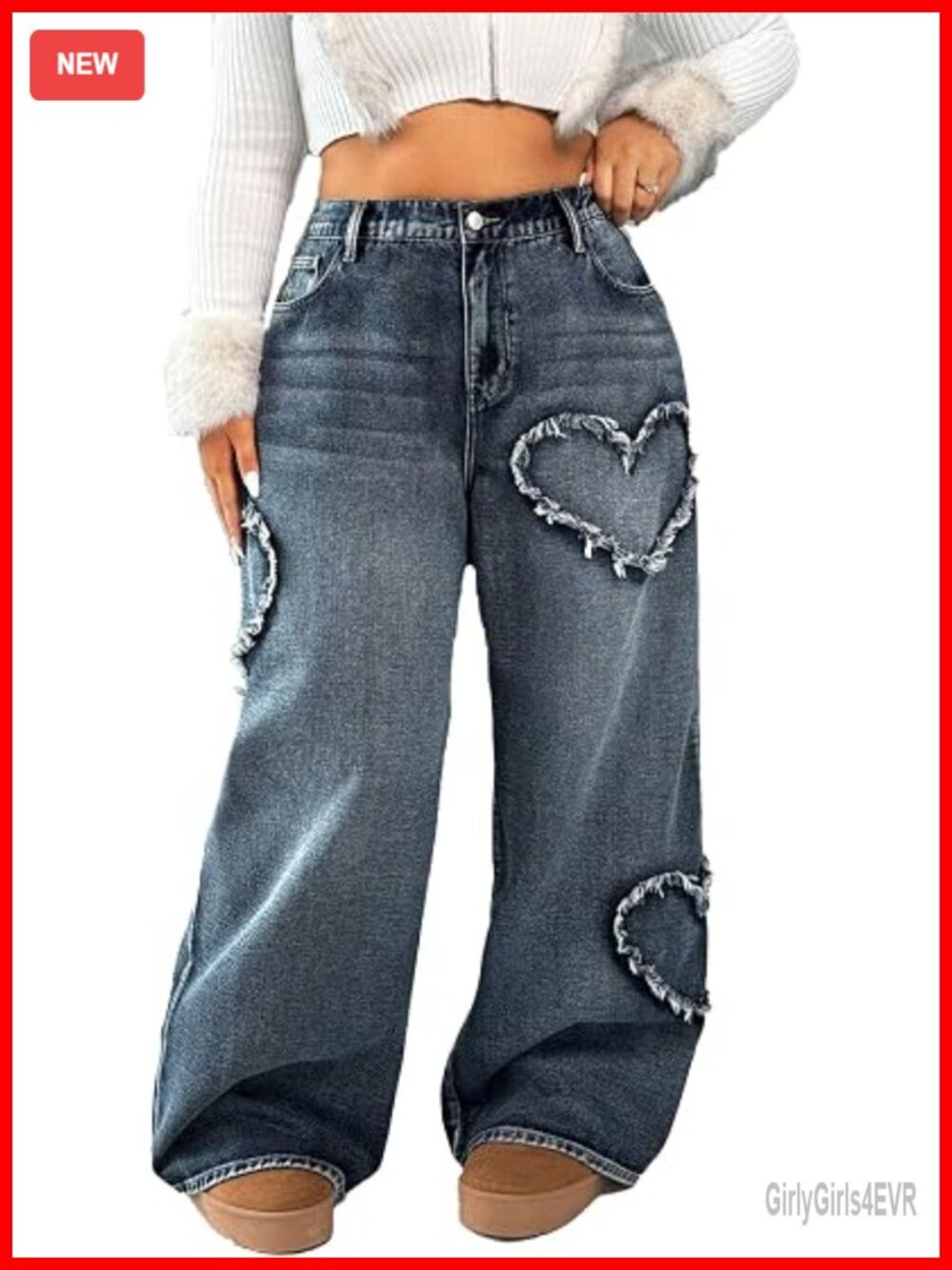 High Waisted Wide Leg Jeans with Heart Distressed Denim